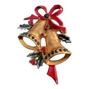 Vintage Christmas Bells  Brooch Brushed Goldtone Enamel Red & Green Rhinestones